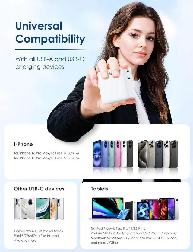 Alt view image 13 of 14 - MacBook Pro Charger,75W USB C Charger with Foldable Plug,Dual 75W Ports Fast Charging for MacBook Pro Air,iPad Pro,iPhone 17/16/15,Includes 6FT USB C to C Cables - White