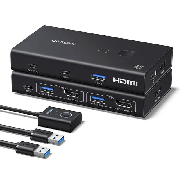 Alt view image 8 of 11 - HDMI KVM Switch 1 Monitor 2 Computers, 4K@60Hz with 4 USB 3.0 Ports KVM Switches for 2 Computers Share One HDMI Monitor Keyboard Mouse Hard Drives Webcam with 2 USB Cables, Controller