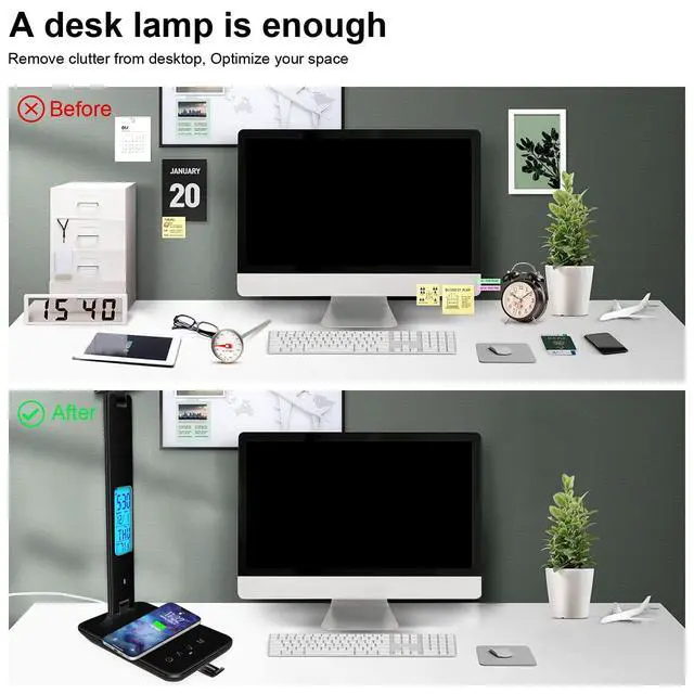 Alt view image 9 of 13 - Desk Light with Wireless Charger, USB Charging Port, Dimmable Office Desk Lamp with Clock, Alarm, Date, Temperature, Foldable Lamp for Table Bedroom Bedside Office