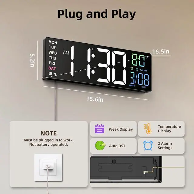 Alt view image 11 of 14 - 16.5" Large Digital Wall Clock with Anti-Glare Display, RGB Lights with 10 Scenes Mode Remote Control, Adjustable Brightness, Dual Alarms, Auto DST, BT Sync, Temperature for Living Room