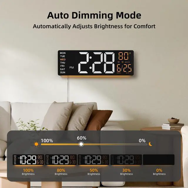 Alt view image 14 of 14 - 16.5" Large Digital Wall Clock with Anti-Glare Display, RGB Lights with 10 Scenes Mode Remote Control, Adjustable Brightness, Dual Alarms, Auto DST, BT Sync, Temperature for Living Room