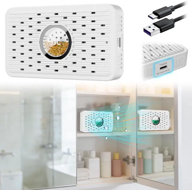 Alt view image 8 of 11 - Auto Power-off USB C Rechargeable Gun Safe Dehumidifier Desiccant,Small Reusable Moisture Absorber Silica Gel Packets for 3D Printer Bathroom Bedroom Basement RV Closet Cabinet Windowsill Tent - White