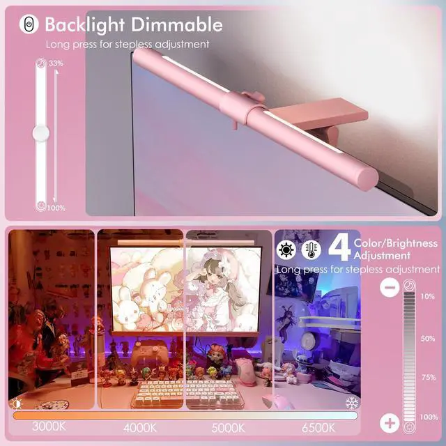 Alt view image 12 of 13 - Pink Monitor Light Bar with Remote, Eye-Care No Glare, Space Saving Computer Desk Lamp As Gifts for Girls, Stepless Dimming, Modern Aesthetic Desk Light Bar for Home Office, Mother's Day