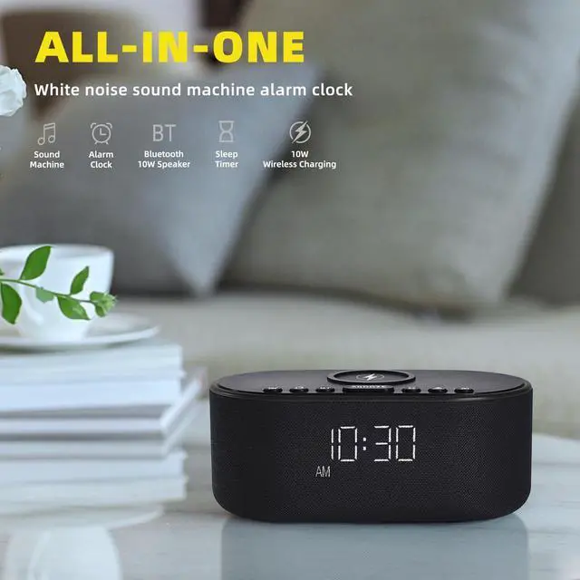Alt view image 9 of 14 - Sound Machine Alarm Clock for Bedrooms: Bluetooth 10W Stereo Sound Speaker with Wireless Charging - White Noise Machine for Sleeping with 21 Soothing Sounds - Black