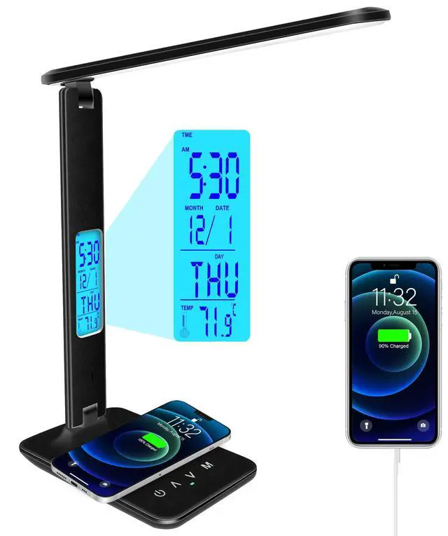 Alt view image 8 of 13 - Desk Light with Wireless Charger, USB Charging Port, Dimmable Office Desk Lamp with Clock, Alarm, Date, Temperature, Foldable Lamp for Table Bedroom Bedside Office