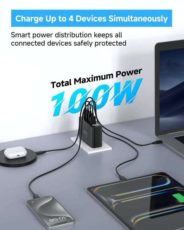 Alt view image 11 of 14 - 100W USB C Charger for MacBook, 4-Port PD Fast USBC Charger with LED Dispay, GaN Compact Foldable Charging Station for MacBook Pro/Air, iPad Pro, for iPhone 17/16 Pro Max, Galaxy S25, Black