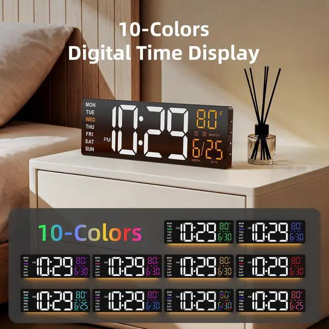 Alt view image 12 of 14 - 16.5" Large Digital Wall Clock with Anti-Glare Display, RGB Lights with 10 Scenes Mode Remote Control, Adjustable Brightness, Dual Alarms, Auto DST, BT Sync, Temperature for Living Room