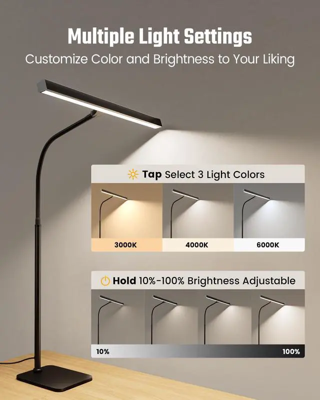 Alt view image 12 of 14 - LED Desk Lamp for Home Office, Eye-Caring Desk Light with Base, 12W Touch Control 3 Colors Dimmable Brightness, Gooseneck Architect Lamp for Computer Monitor Reading Workbench, Black
