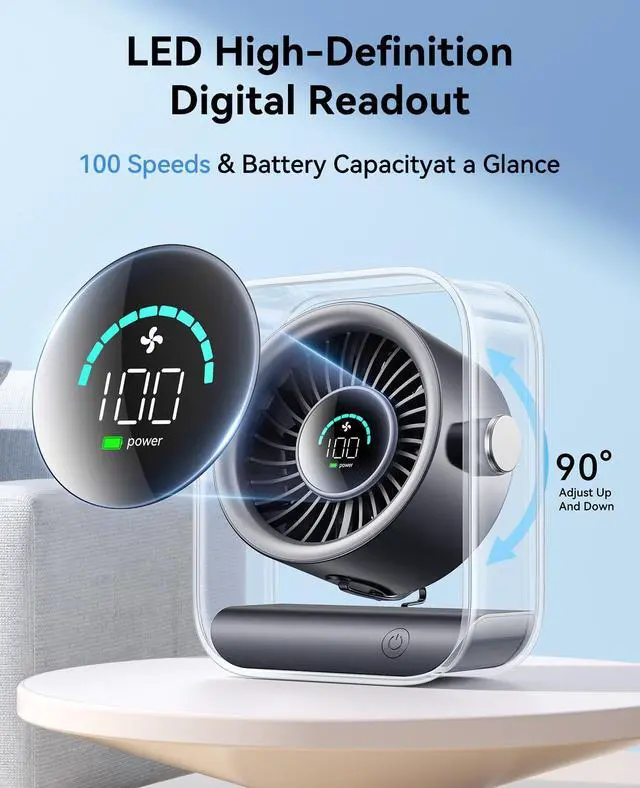 Alt view image 12 of 13 - Portable Desk Fan for Bedroom, Rechargeable Small Table Fan with 100 Speeds, 90° Rotation, Turbo Airflow, LED Display, Quiet Personal USB Cooling Fan for Office Home Travel Camping, Black