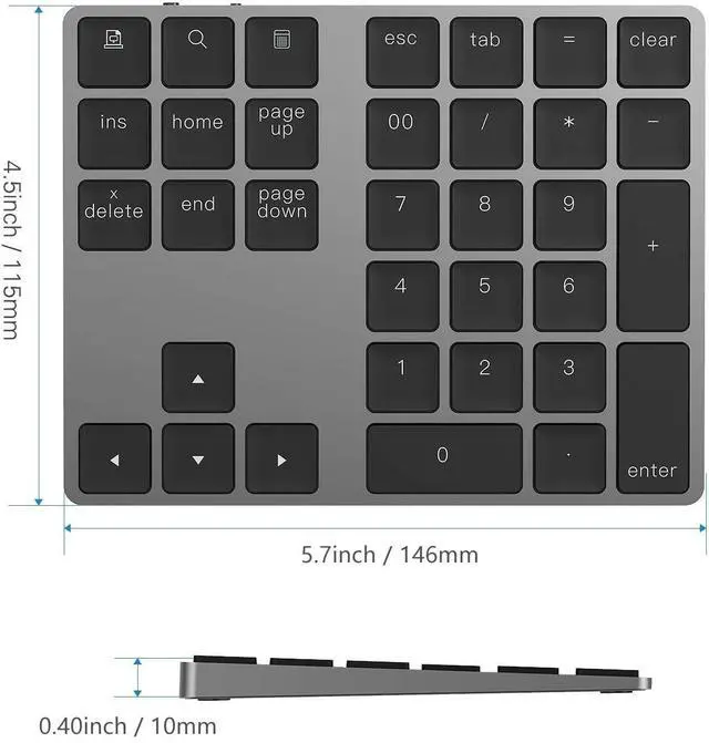 Alt view image 13 of 14 - Bluetooth Number Pad, Aluminum Rechargeable Wireless Numeric Keypad Slim 34-Keys External Numpad Keyboard Data Entry Compatible for Macbook, MacBook Air/Pro, iMac Windows Laptop Surface Pro etc