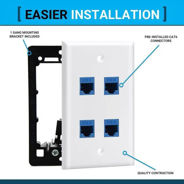 Alt view image 9 of 14 - 4 Port Ethernet Wall Plate, Cat 6, Wall Outlet, RJ45 Female to Female Keystone Jacks - White