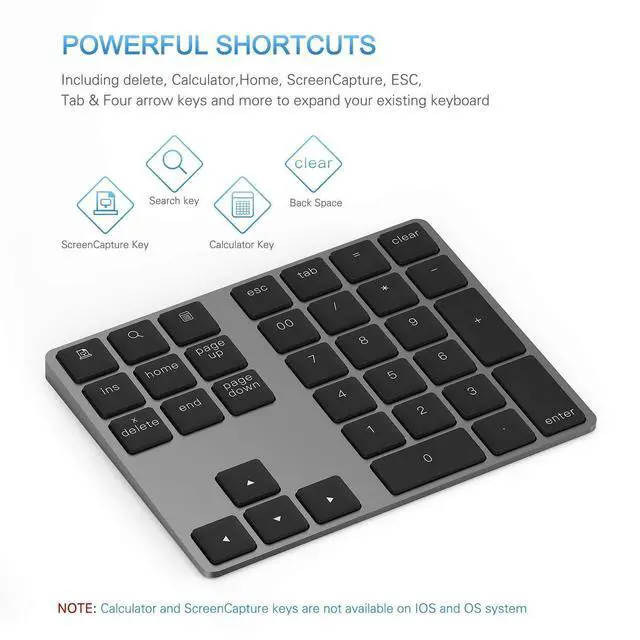 Alt view image 11 of 14 - Bluetooth Number Pad, Aluminum Rechargeable Wireless Numeric Keypad Slim 34-Keys External Numpad Keyboard Data Entry Compatible for Macbook, MacBook Air/Pro, iMac Windows Laptop Surface Pro etc
