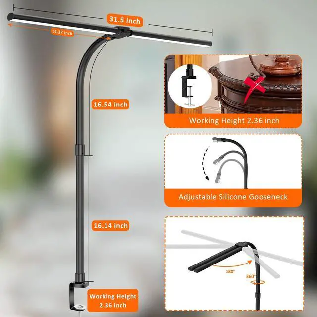 Alt view image 11 of 14 - Double Head LED Desk Lamp, Architect Desk Lamps for Home Office, 24W Brightest Workbench Office Lighting-5 Color Modes and 5 Dimmable Eye Protection Modern Desk Lamp for Monitor Reading