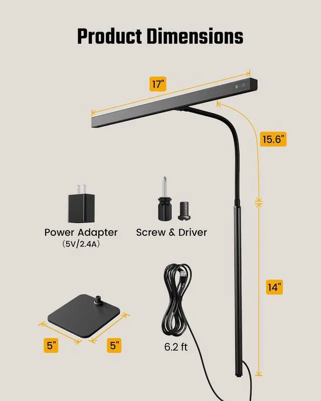 Alt view image 14 of 14 - LED Desk Lamp for Home Office, Eye-Caring Desk Light with Base, 12W Touch Control 3 Colors Dimmable Brightness, Gooseneck Architect Lamp for Computer Monitor Reading Workbench, Black