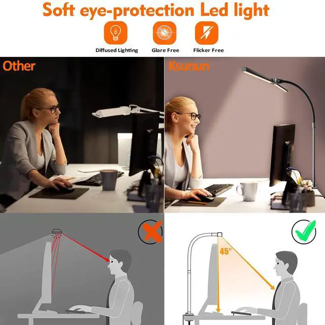 Alt view image 13 of 14 - Double Head LED Desk Lamp, Architect Desk Lamps for Home Office, 24W Brightest Workbench Office Lighting-5 Color Modes and 5 Dimmable Eye Protection Modern Desk Lamp for Monitor Reading
