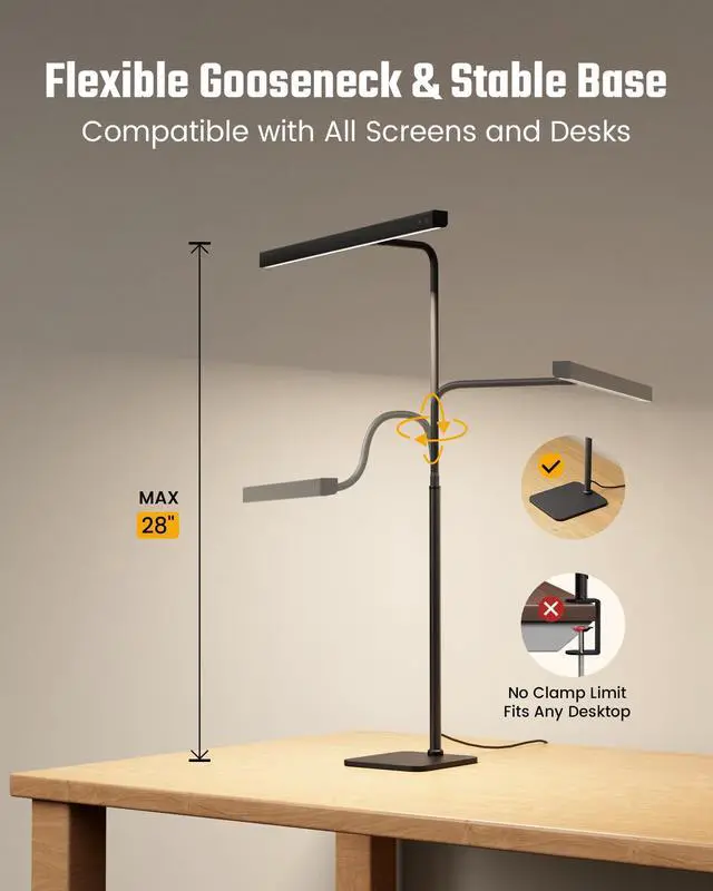 Alt view image 13 of 14 - LED Desk Lamp for Home Office, Eye-Caring Desk Light with Base, 12W Touch Control 3 Colors Dimmable Brightness, Gooseneck Architect Lamp for Computer Monitor Reading Workbench, Black