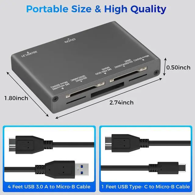 Alt view image 11 of 12 - 7-in-1 Multi Memory Card Reader, USB 3.0 SD Card Reader Writer(5Gbps) Read 7 Cards Simultaneously for SD/Micro SD/MS/CF/MMC/XD/SDHC/SDXC Camera Memory Card (with 2 USB A and C to Mirco B 3.0 Cables)