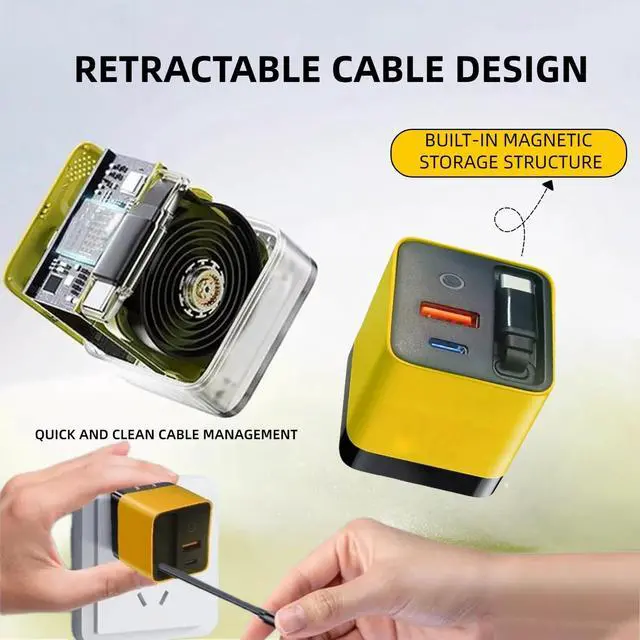 Alt view image 10 of 13 - 3 in 1 GaN Charger,80w Fast Charger Adapter with Type-C Cable & 2 USB Ports,Multi-Functional Retractable All in one Charger for Phone,Tablets,laptops (Yellow)