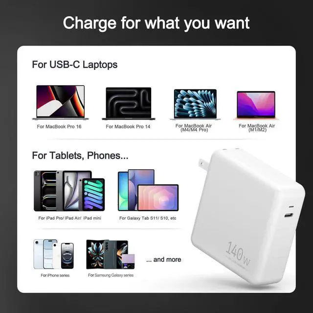 Alt view image 10 of 14 - 140W USB C Laptop Fast Charger, Compatible with MacBook Air MacBook Pro, M2 M3 M4 M5, iPad Pro, iPhone,Galaxy S25, Include Charge Cable-USB C to C