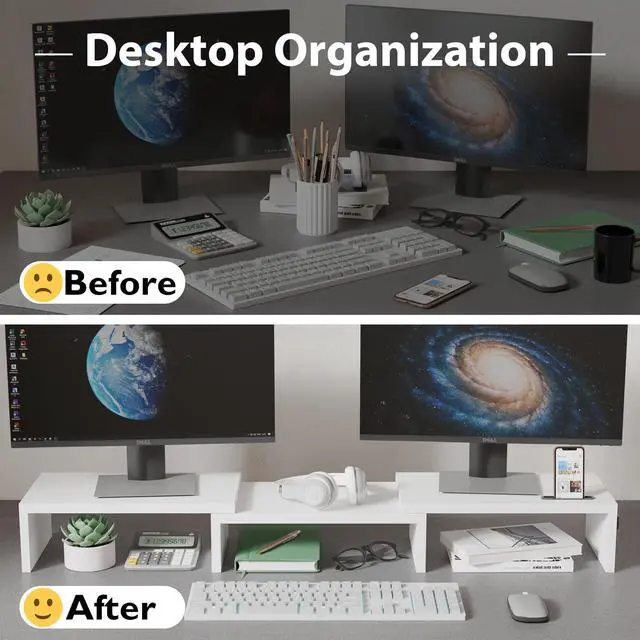 Alt view image 9 of 14 - Dual Monitor Stand Riser with Smartphone Holder, Adjustable Length & Swivel Angle, Ergonomic Wooden Desktop Organizer for PC Monitor, Laptop, Printer, Large Storage, White