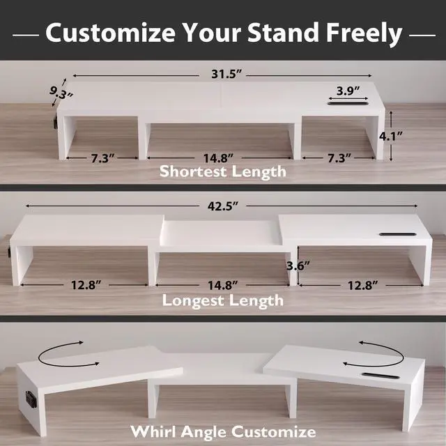 Alt view image 10 of 14 - Dual Monitor Stand Riser with Smartphone Holder, Adjustable Length & Swivel Angle, Ergonomic Wooden Desktop Organizer for PC Monitor, Laptop, Printer, Large Storage, White