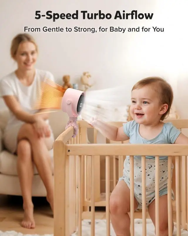 Alt view image 9 of 13 - Baby Stroller Fan, Rechargeable Portable Clip on Fan, 17H Cooling with 5 Speeds, LED Display, 360°Rotate Personal Cooling Fans for Car Seat, Crib, Travel, Camping, Gifts for New Parents