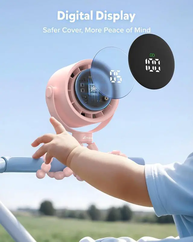 Alt view image 12 of 13 - Baby Stroller Fan, Rechargeable Portable Clip on Fan, 17H Cooling with 5 Speeds, LED Display, 360°Rotate Personal Cooling Fans for Car Seat, Crib, Travel, Camping, Gifts for New Parents