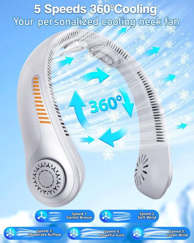 Alt view image 11 of 14 - Portable Neck Fan - Rechargeable Personal Fan with Neck Support, 5-Speed Quiet Lightweight Long Lasting Neck Fan, Fathers Day, Mothers Day Gifts, Full Surround Cooling for Travel, Hot Flashes