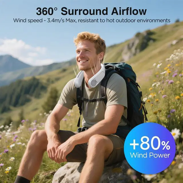 Alt view image 12 of 14 - Neck Fan, Hands Free Bladeless Neck Fans Portable Rechargeable, 6000 mAh Battery Operated Wearable Personal Fan, Cooling Neck Fan, 3 Speeds, USB Fan Gifts for Men, Women, Travel, Outdoor