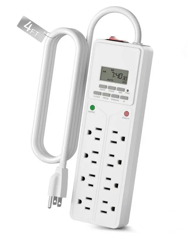 Alt view image 8 of 14 - 8 Outlet Surge Protector with 7-Day Digital Timer (4 Outlets Timed, 4 Outlets Always On) - White