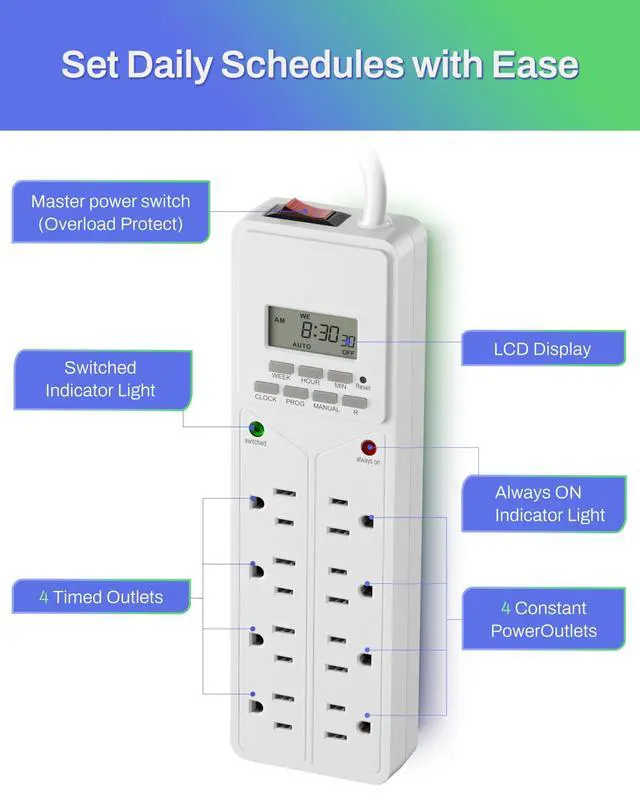Alt view image 9 of 14 - 8 Outlet Surge Protector with 7-Day Digital Timer (4 Outlets Timed, 4 Outlets Always On) - White