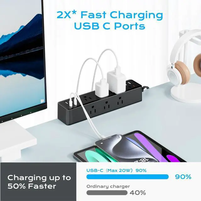 Alt view image 10 of 14 - Flat Plug Desk Clamp Power Strip 10FT, 40W Total Fast Charging Station, Dual PD 20W USB C Ports, Desk Edge Mount Power Strip 9 AC Outlets 8 USB Ports(4 USB C) Surge Protector, Fit 1.7" Tabletop Edge