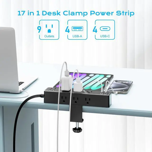 Alt view image 9 of 14 - Flat Plug Desk Clamp Power Strip 10FT, 40W Total Fast Charging Station, Dual PD 20W USB C Ports, Desk Edge Mount Power Strip 9 AC Outlets 8 USB Ports(4 USB C) Surge Protector, Fit 1.7" Tabletop Edge