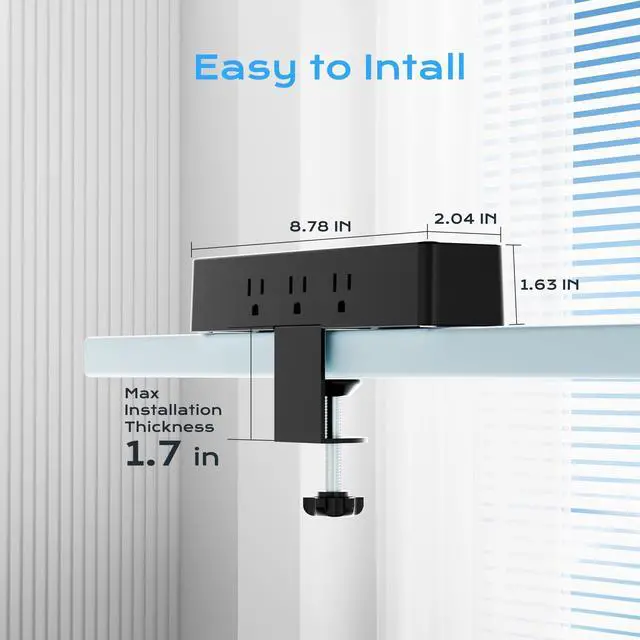Alt view image 11 of 14 - Flat Plug Desk Clamp Power Strip 10FT, 40W Total Fast Charging Station, Dual PD 20W USB C Ports, Desk Edge Mount Power Strip 9 AC Outlets 8 USB Ports(4 USB C) Surge Protector, Fit 1.7" Tabletop Edge