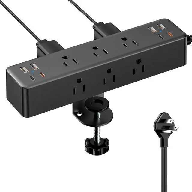 Alt view image 8 of 14 - Flat Plug Desk Clamp Power Strip 10FT, 40W Total Fast Charging Station, Dual PD 20W USB C Ports, Desk Edge Mount Power Strip 9 AC Outlets 8 USB Ports(4 USB C) Surge Protector, Fit 1.7" Tabletop Edge