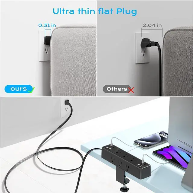 Alt view image 12 of 14 - Flat Plug Desk Clamp Power Strip 10FT, 40W Total Fast Charging Station, Dual PD 20W USB C Ports, Desk Edge Mount Power Strip 9 AC Outlets 8 USB Ports(4 USB C) Surge Protector, Fit 1.7" Tabletop Edge