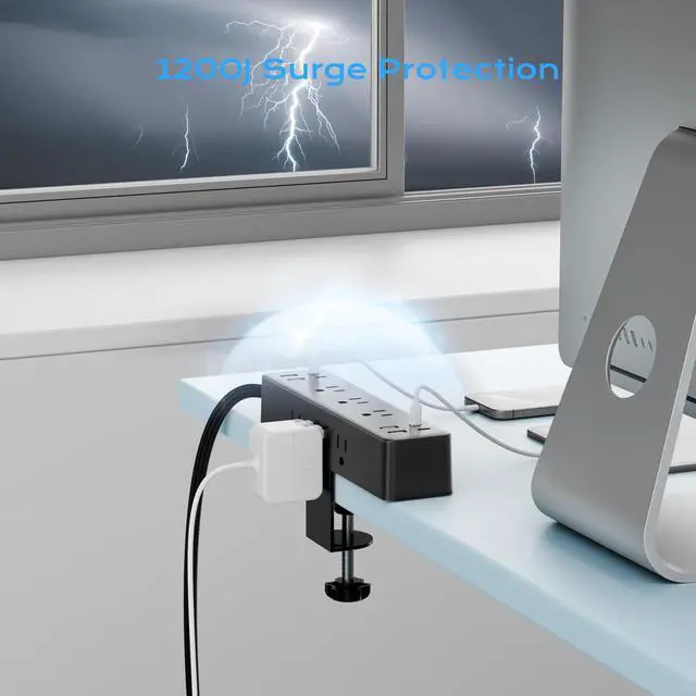 Alt view image 14 of 14 - Flat Plug Desk Clamp Power Strip 10FT, 40W Total Fast Charging Station, Dual PD 20W USB C Ports, Desk Edge Mount Power Strip 9 AC Outlets 8 USB Ports(4 USB C) Surge Protector, Fit 1.7" Tabletop Edge