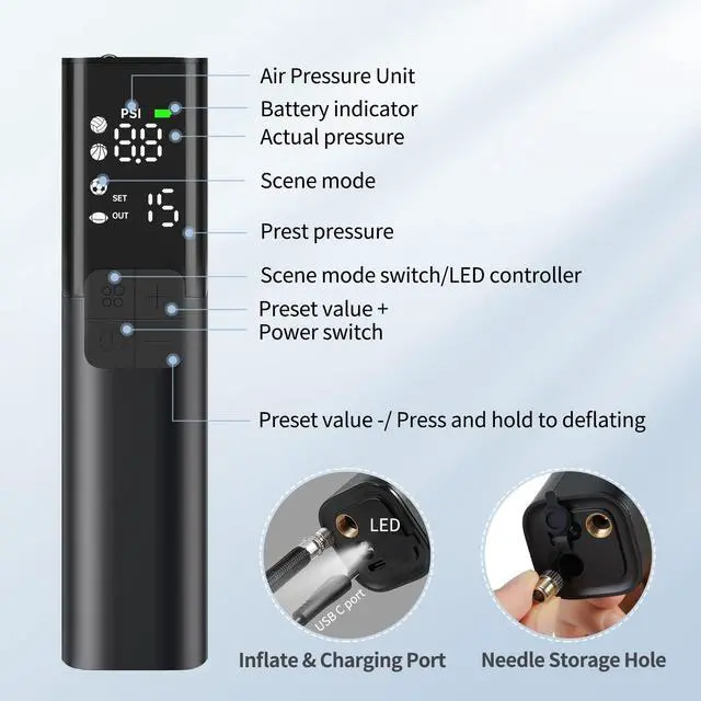 Alt view image 9 of 12 - MY01 Electric Ball Pump with Inflation & Deflation, Accurate Pressure Gauge and 4 Preset Modes, Automatic Ball Pump for Basketball, Soccer, Football and Volleyball (Max 15 PSI)