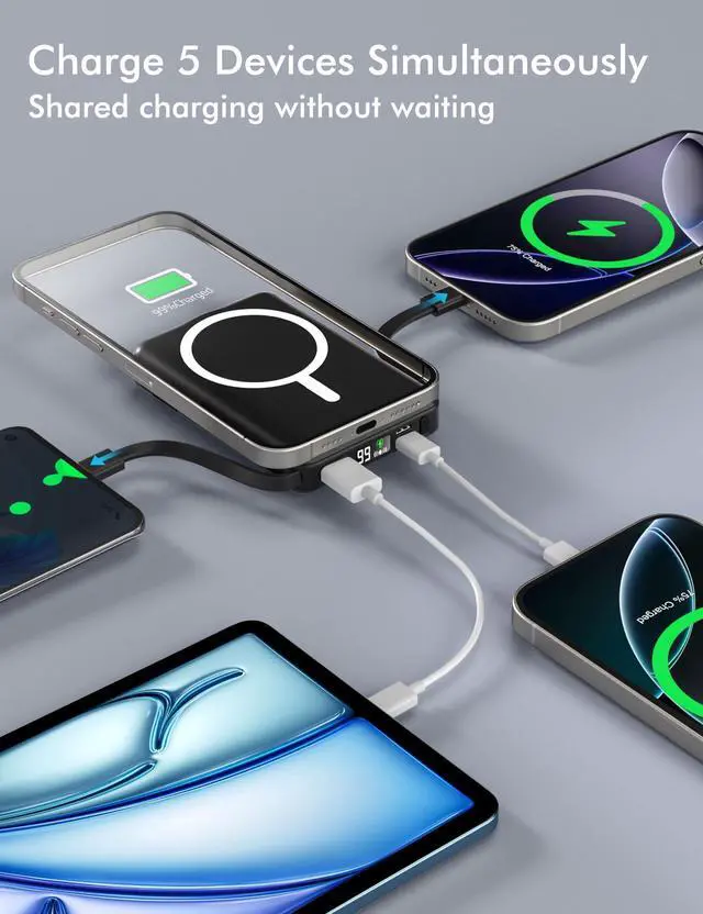 Alt view image 9 of 14 - for Magsafe Battery Pack, 10000mAh Magnetic Power Bank Built-in Double USB C Cables 20W PD Fast Charging LED Display Wireless Portable Charger for iPhone 17/16/15/14/13/12 Series-Black