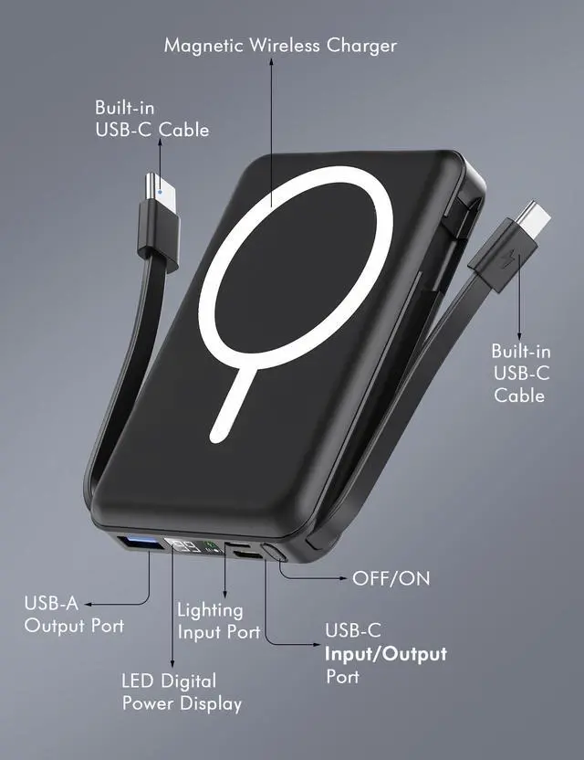 Alt view image 10 of 14 - for Magsafe Battery Pack, 10000mAh Magnetic Power Bank Built-in Double USB C Cables 20W PD Fast Charging LED Display Wireless Portable Charger for iPhone 17/16/15/14/13/12 Series-Black