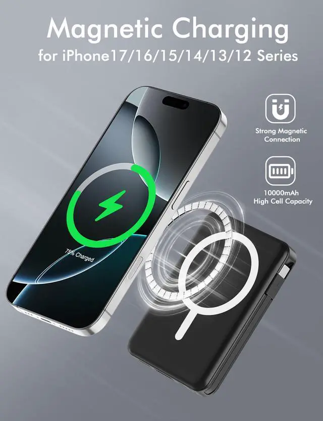 Alt view image 12 of 14 - for Magsafe Battery Pack, 10000mAh Magnetic Power Bank Built-in Double USB C Cables 20W PD Fast Charging LED Display Wireless Portable Charger for iPhone 17/16/15/14/13/12 Series-Black