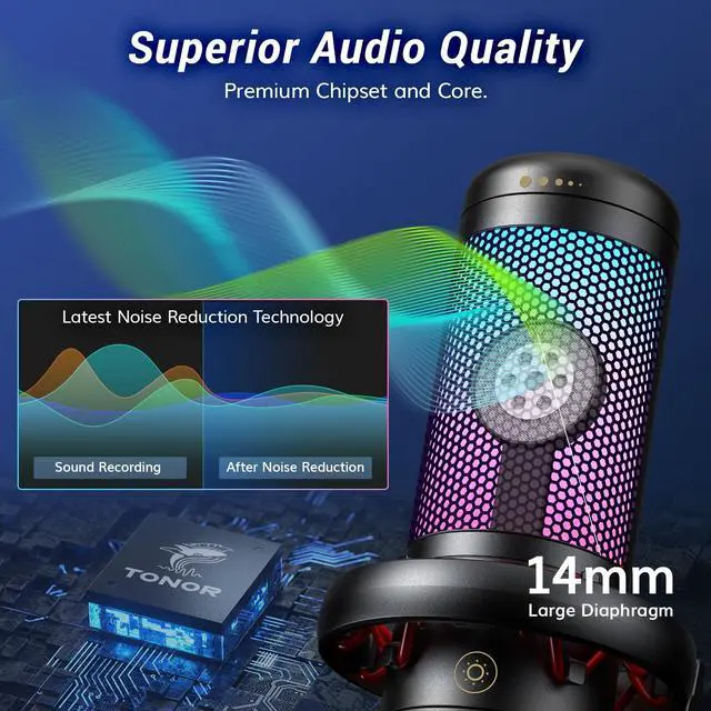 Alt view image 9 of 14 - Gaming Microphone Set with Boom Arm, Vocal Condenser Microphone for PC with Stand, USB Mic with controllable RGB Light, One Tap Mute, Volume Control, for Discord, Twitch Streaming, TC310+