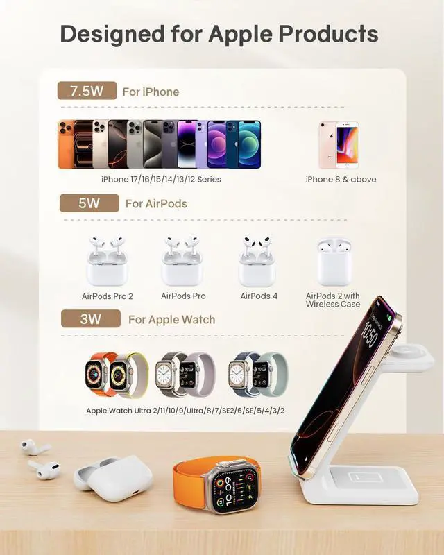Alt view image 9 of 14 - Wireless Charging Station for Apple - 3 in 1 Wireless Charger Stand Dock Watch and Phone Charger Station for Apple Watch 11/8/7/SE/6/5/4/3/2, iPhone 17 16-12 Pro Max SE XS X, Samsung, AirPods Pro/3/2