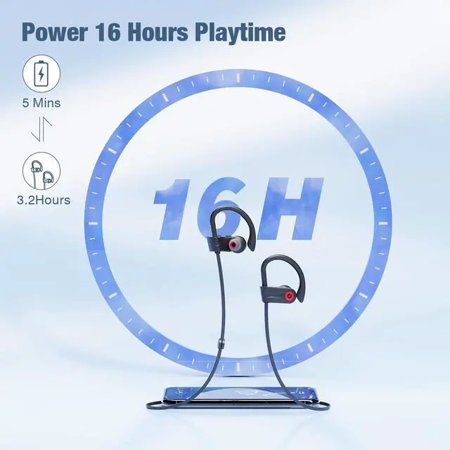 Alt view image 11 of 14 - Bluetooth Headphones, Wireless Headphones with 16 Hours Playtime Bluetooth 5.3 Wireless Earbuds HD Deep Bass Stereo Sound Isolation IPX7 Waterproof Earphones for Workout Running Sports