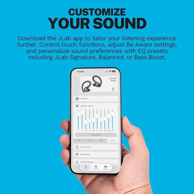 Alt view image 9 of 14 - Go Sport+ Wireless Workout Earbuds Featuring C3 Clear Calling, Secure Earhook Sport Design, 35+ Hour Bluetooth Playtime, and 3 EQ Sound Settings (Graphite)