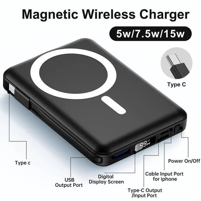 Alt view image 10 of 14 - for Magsafe Power Bank, 10000mAh Magnetic Power Bank with USB-C Cable and PD 20W USB C Fast Charging LED Display, Wireless Portable Charger for iPhone 17/16/15/14/13/12/Pro/Pro Max