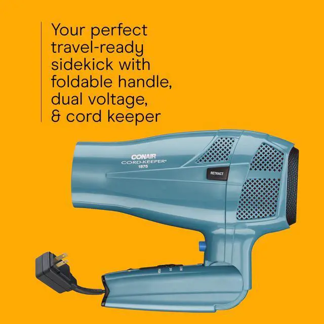 Alt view image 10 of 14 - Cord-Keeper Dryer with Folding Handle and Retractable Cord, 1875W Travel Hair Dryer, Ionic Technology, Teal