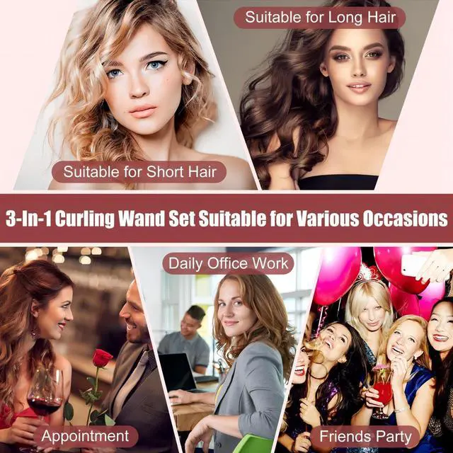 Alt view image 14 of 14 - 3 in 1 Curling Wand Set - Hair Waver Curling Iron for Women with 3 Interchangable Ceramic Beach Waves Wands 1/2 Inch to 1 1/4 Inch Fast Heating Up Hair Curler with Box (Rose, Black)