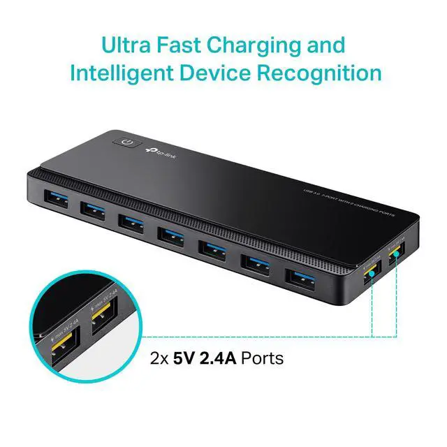 Alt view image 12 of 14 - Powered USB Hub 3.0 with 7 USB 3.0 Data Ports and 2 Smart Charging USB Ports. Compatible with Windows, Mac, Chrome & Linux OS, with Power On/Off Button, 12V/4A Power Adapter(UH720)