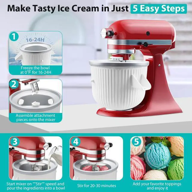 Alt view image 10 of 14 - Ice Cream Maker Attachment for KitchenAid Stand Mixer, Ice Cream Bowl Compatible with 4.5Qt and Larger Stand Mixers, Ice Cream & Sorbet Gelato Maker Attachment, 2 Quart, White